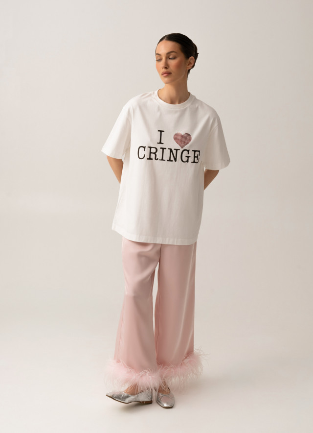 Rose silk satin pants with feathers