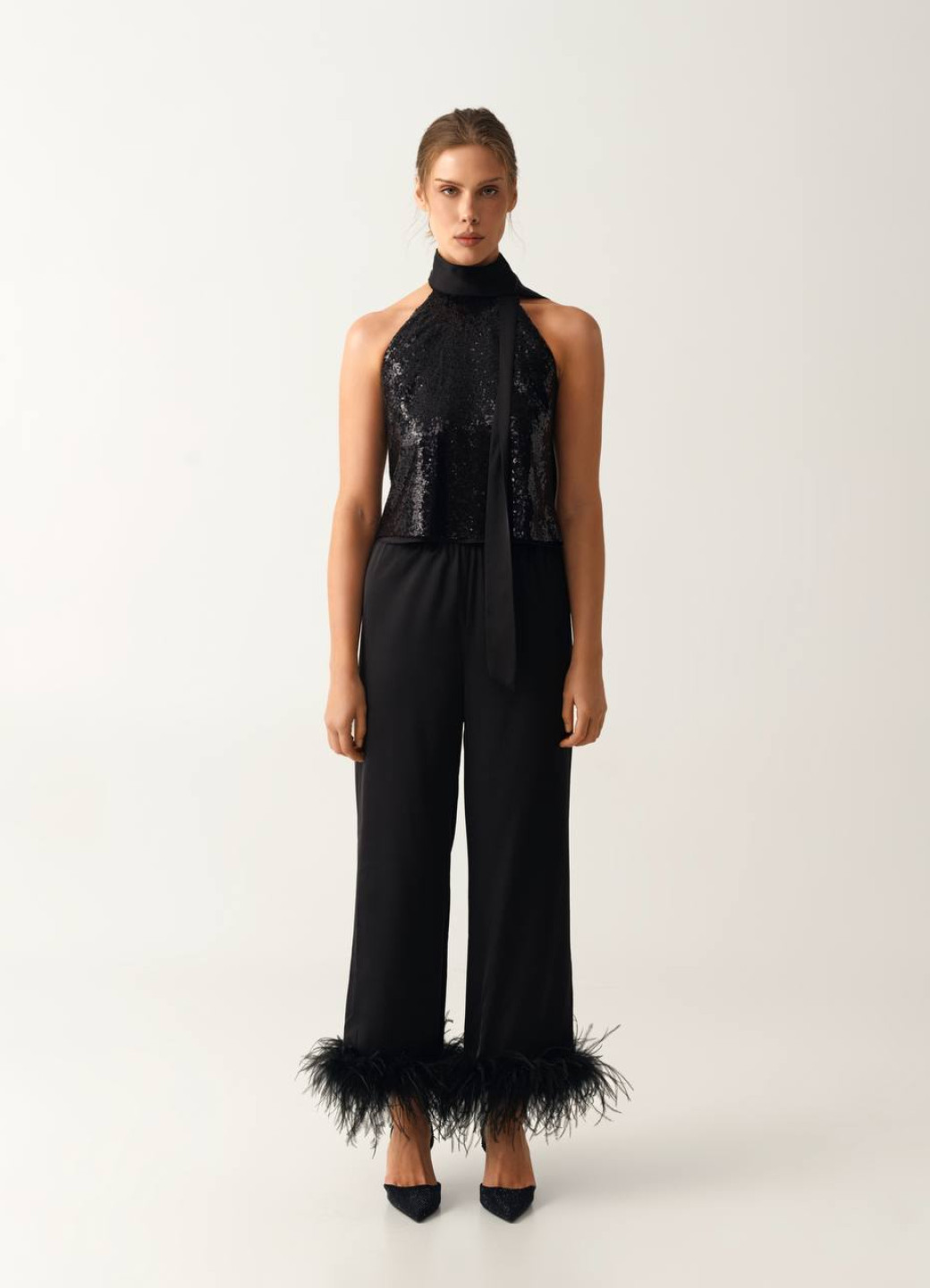 Штани із шовк-сатину із пірʼям Black 